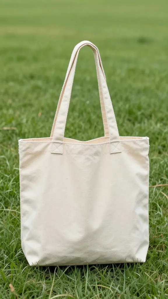 cream canvas picnic tote on green lawn