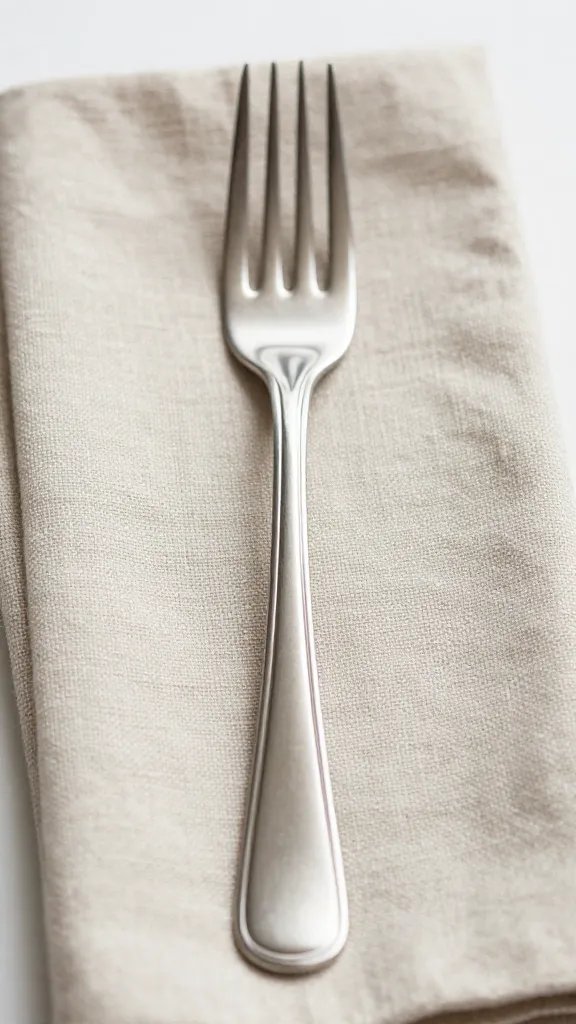 stainless picnic fork on neutral cotton napkin, macro