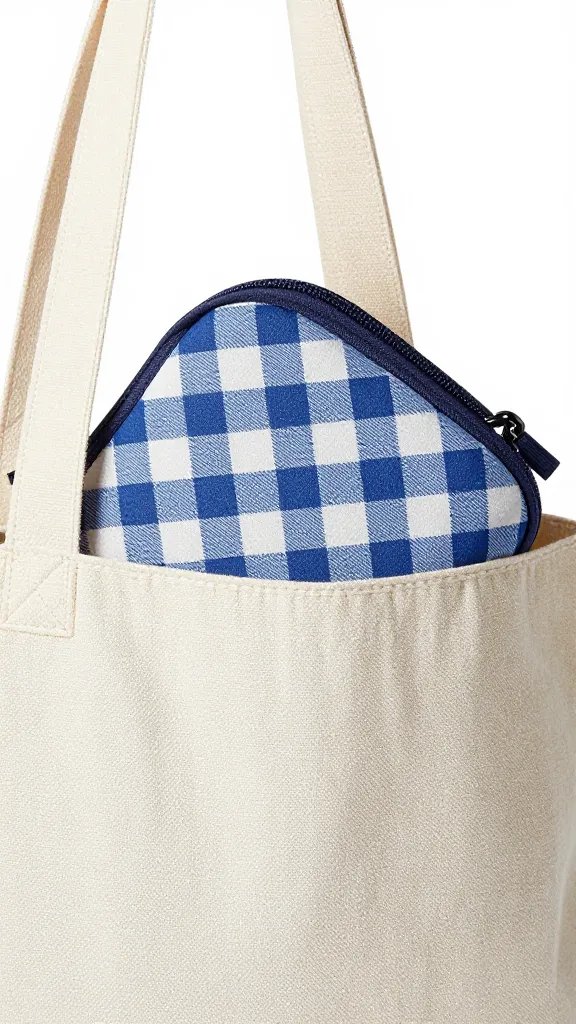 canvas tote with reusable picnic kit peeking out, closeup