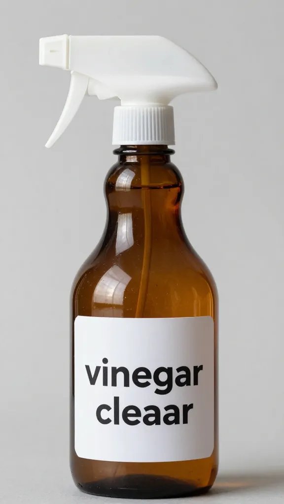 amber glass spray bottle labeled “vinegar cleaner,” macro