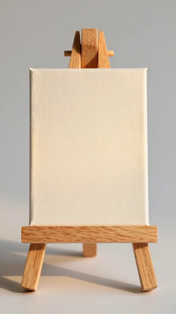 single canvas panel on mini wooden easel, late-afternoon light
