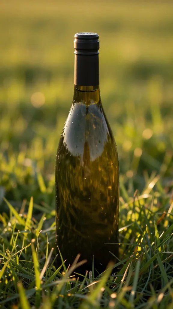 screw-top wine bottle on grass, golden hour