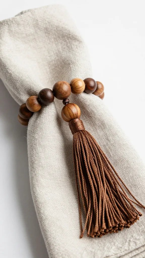 closeup wooden bead tassel napkin ring on linen napkin