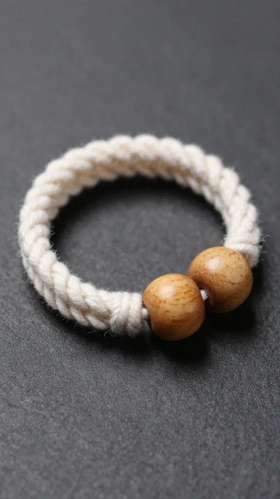 waxed cotton cord ring with natural wood beads macro