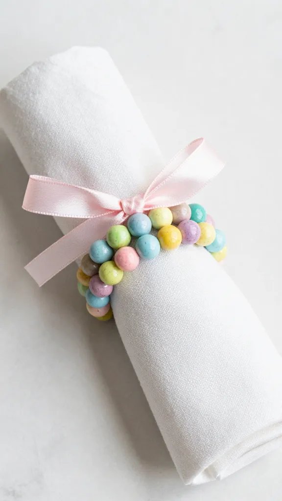 spring pastel-painted bead napkin ring with satin ribbon knot