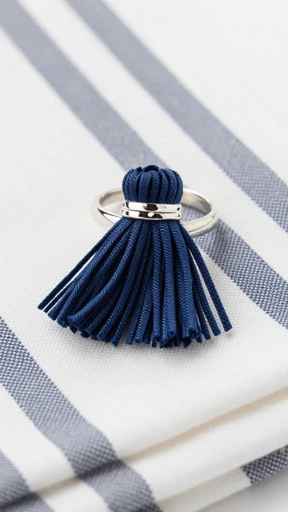 summer navy tassel ring on striped napkin closeup