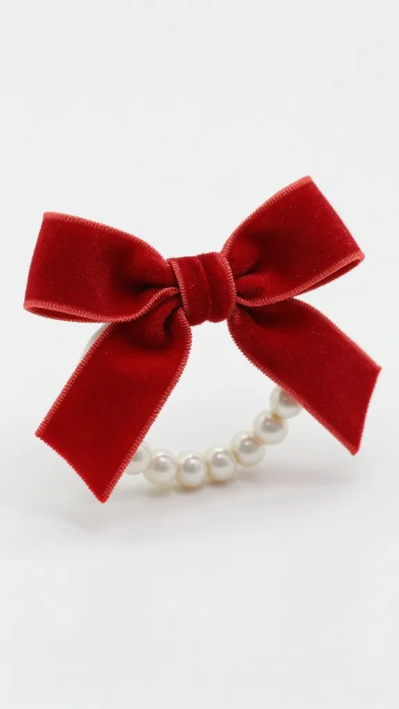 winter white bead ring with red velvet ribbon bow