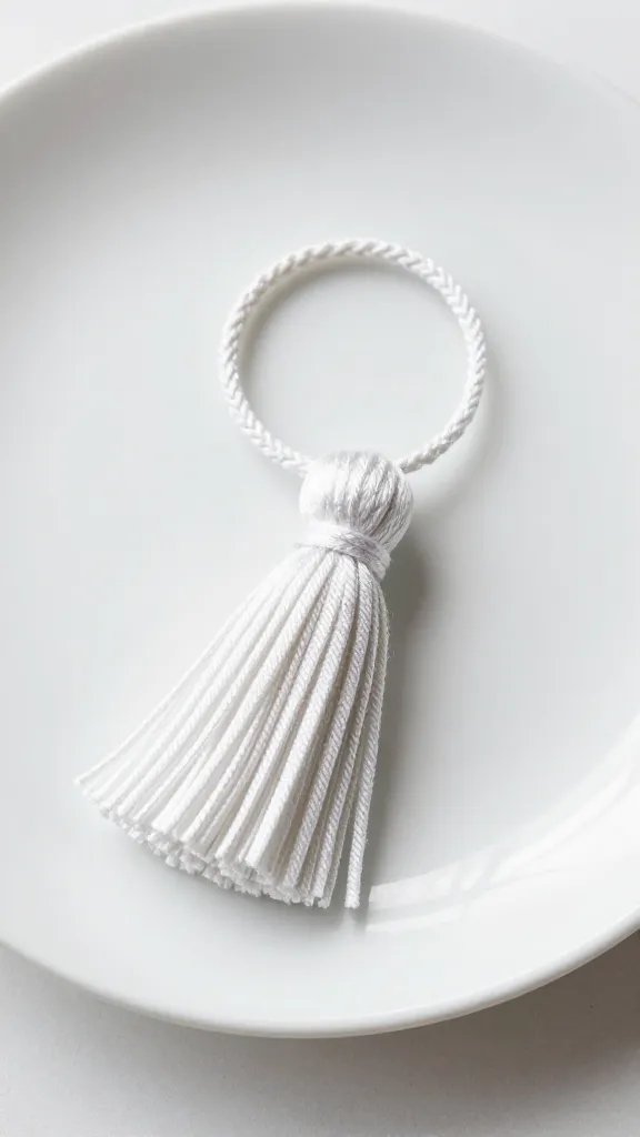 kitchen twine tassel ring, clean fringe against white plate