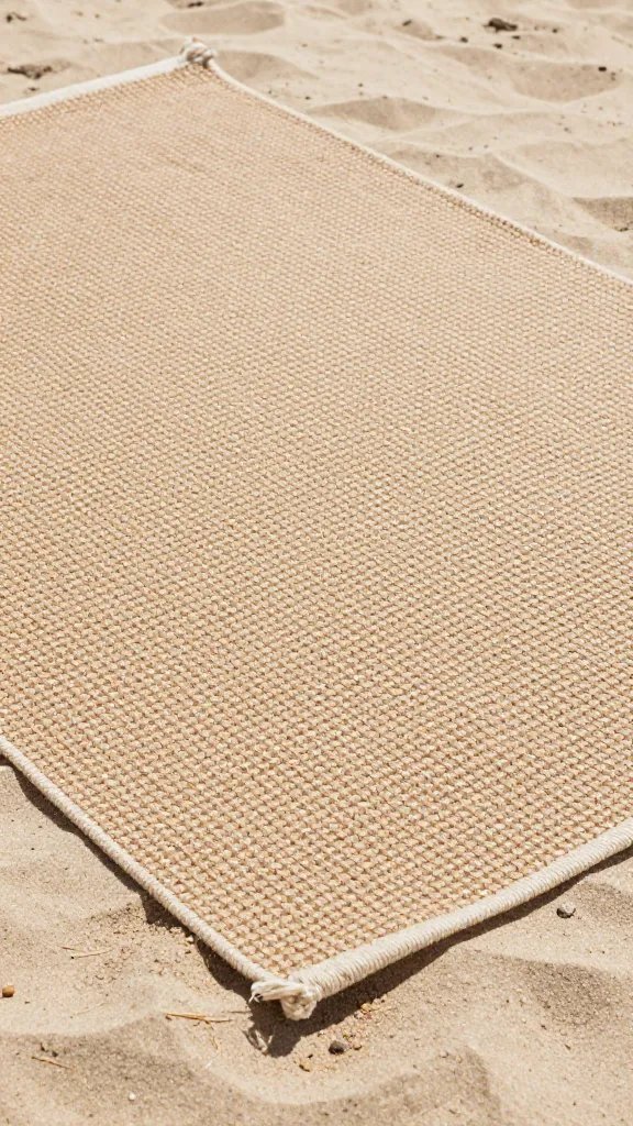 closeup jute flat-weave rug on beach sand