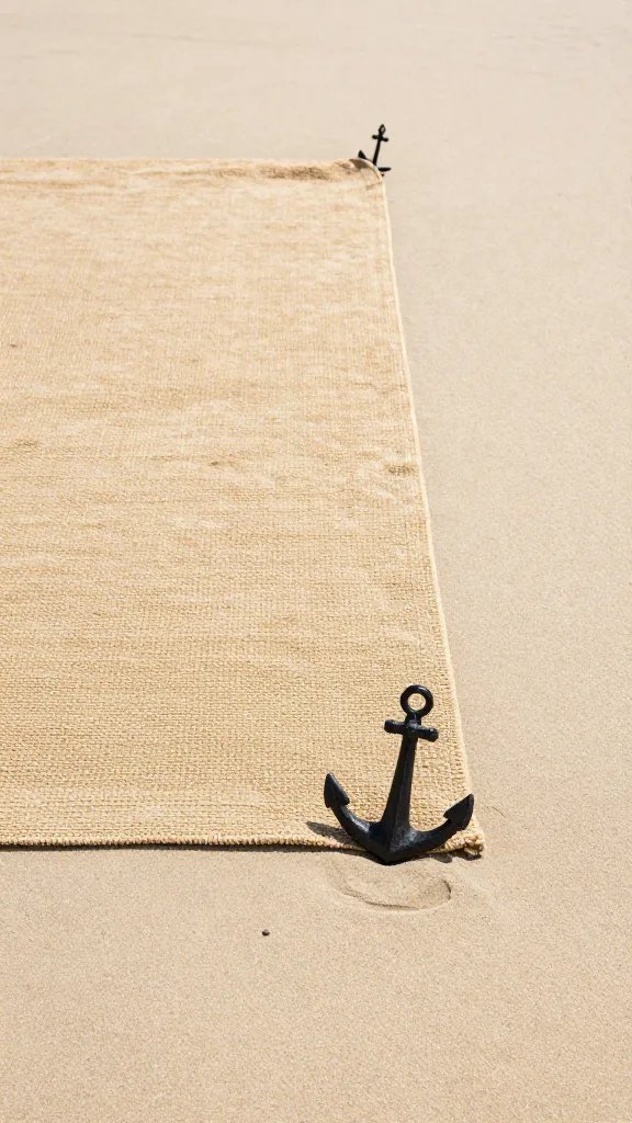 tent stake anchoring rug corner in beach sand