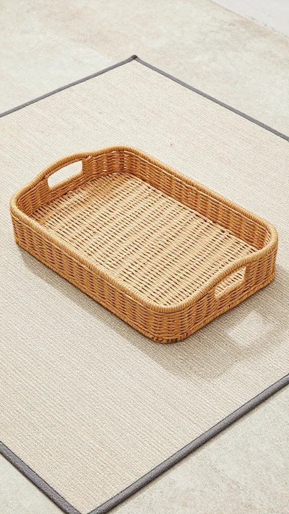 rattan tray with weighted edge on outdoor rug