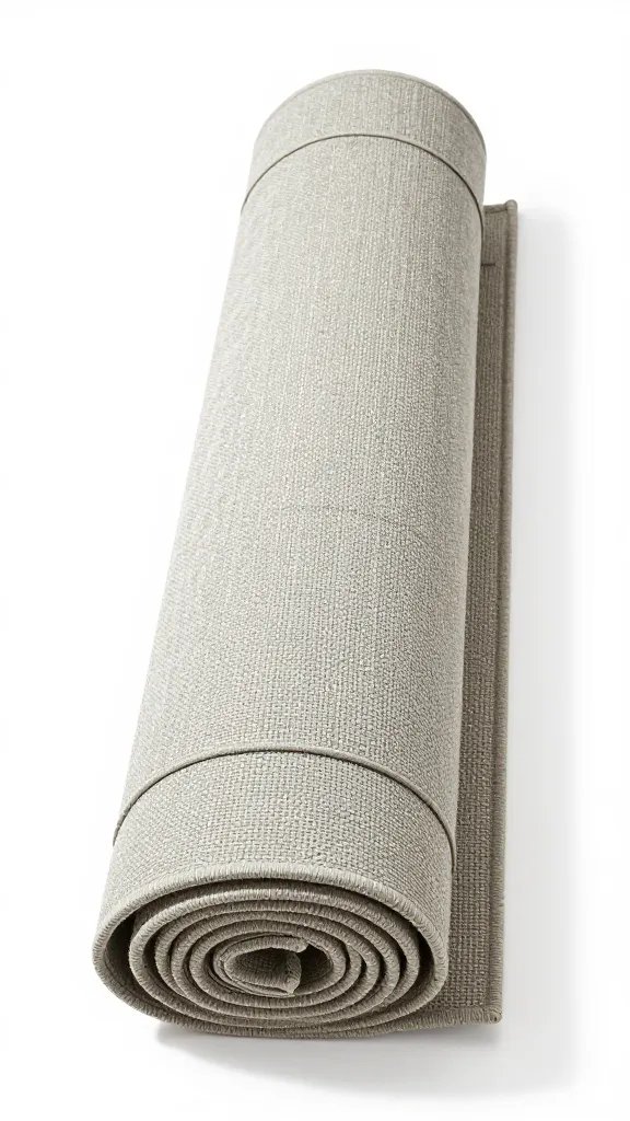 compactly rolled rug strapped for quick setup