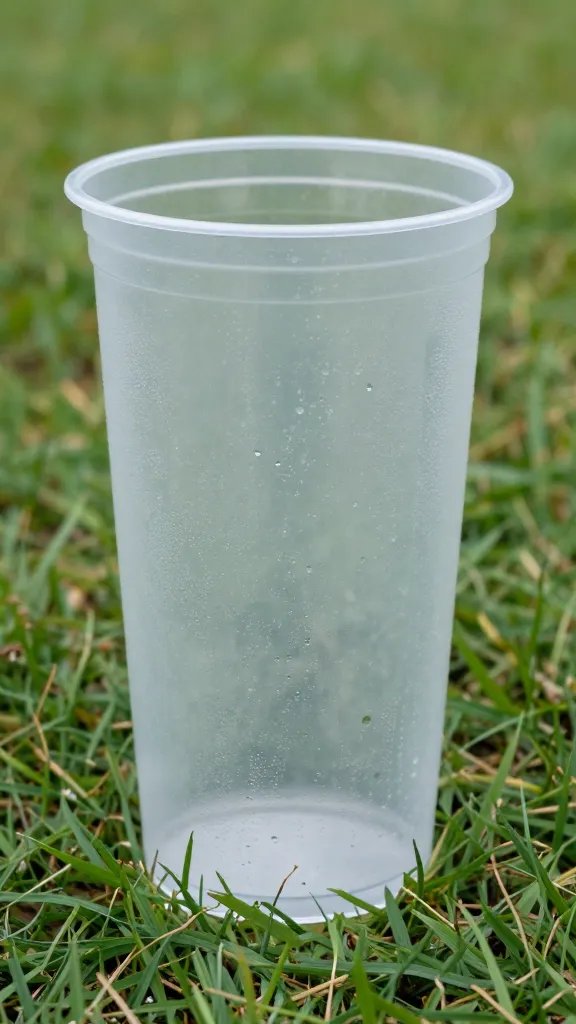 heavy-duty plastic cup with condensation, grassy background