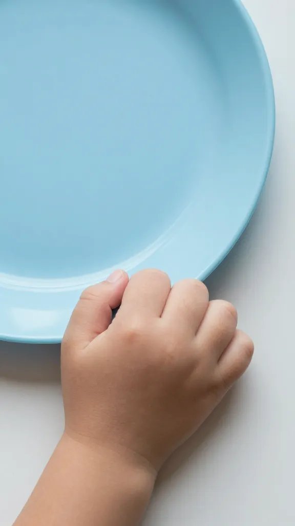 child’s hand gripping melamine plate edge, shallow depth
