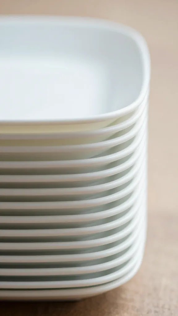 stack of melamine plates corner detail, soft bokeh