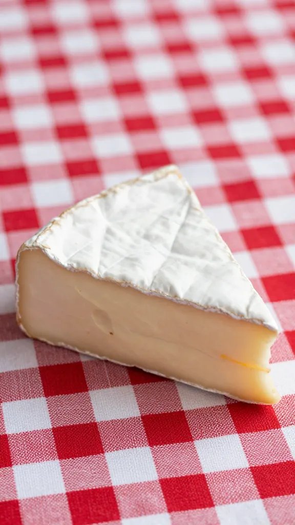 closeup of a single wedge of brie on gingham