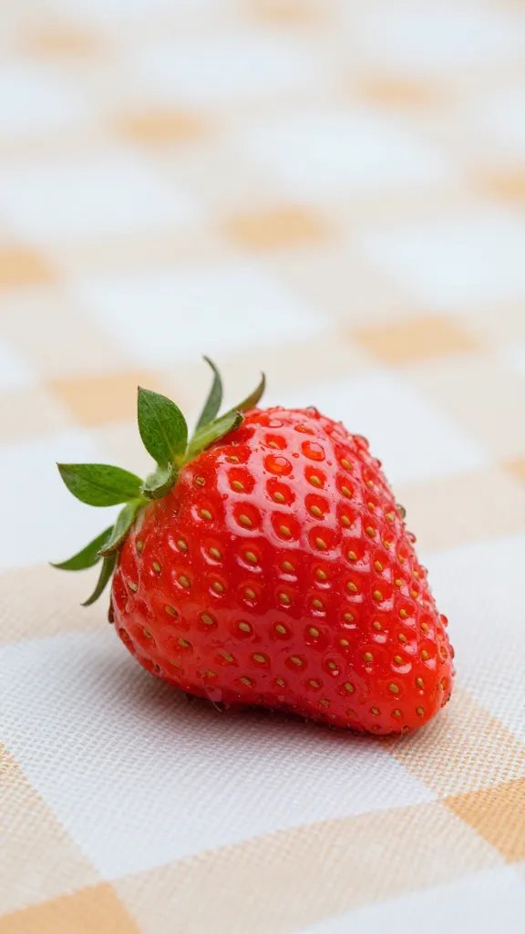 single ripe strawberry with dewdrops on picnic blanket