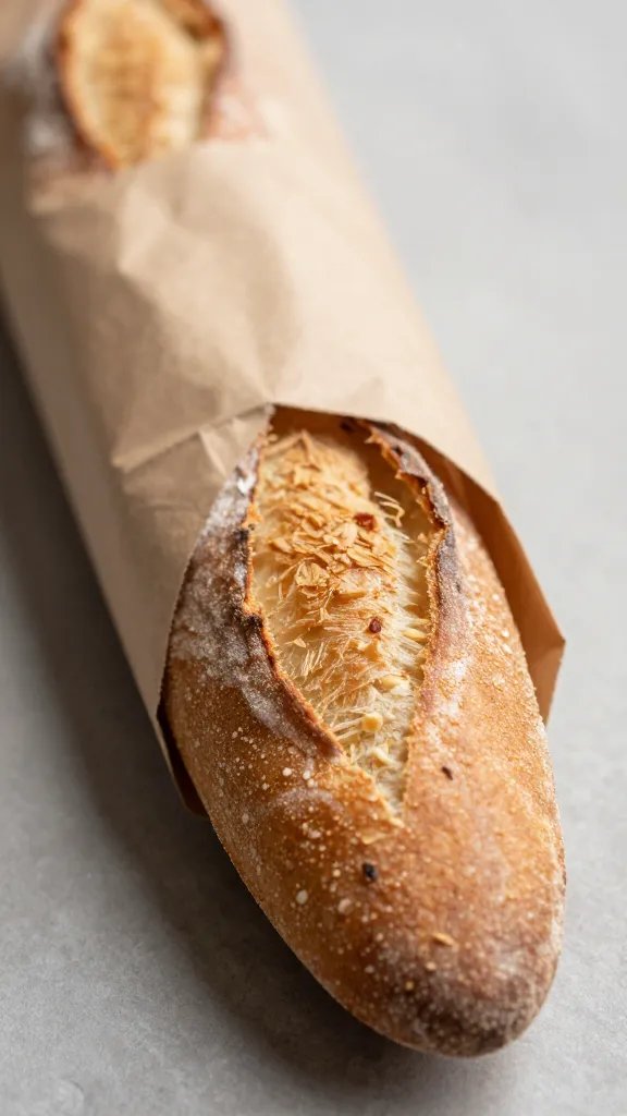 closeup of a baguette end wrapped in brown paper