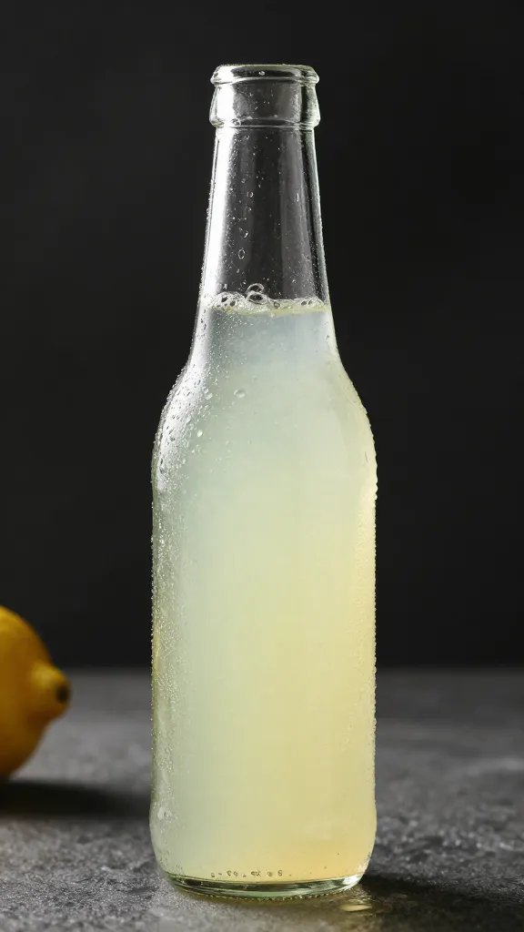 single glass bottle of lemonade with condensation
