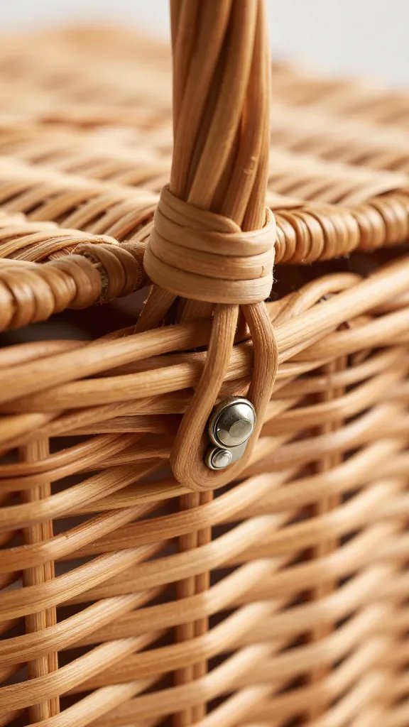 closeup of a woven picnic basket clasp