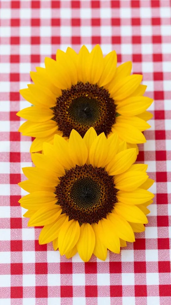 single sunflower laid on red-and-white gingham