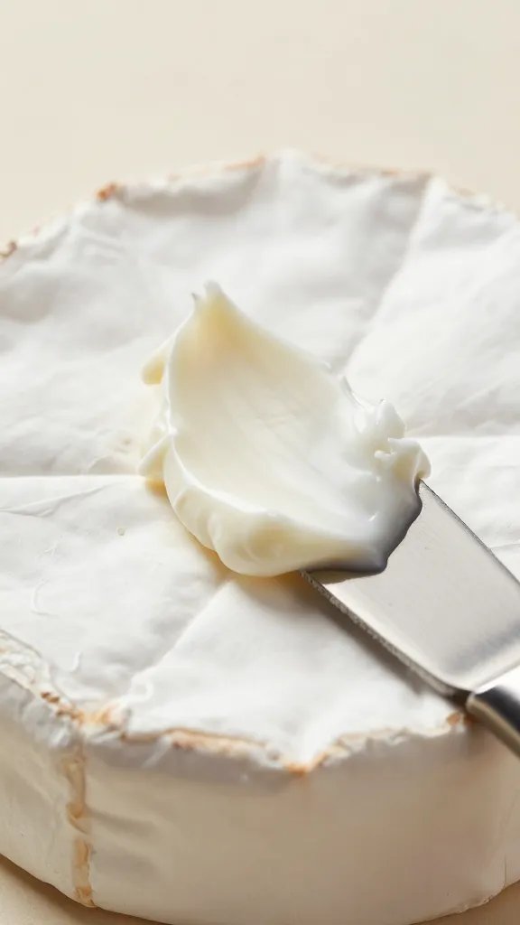 closeup of a cheese knife with soft brie smear