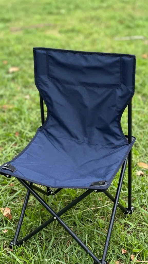 closeup navy cushion folding chair on picnic grass