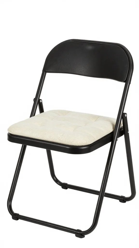 padded seat cushion on compact folding chair frame