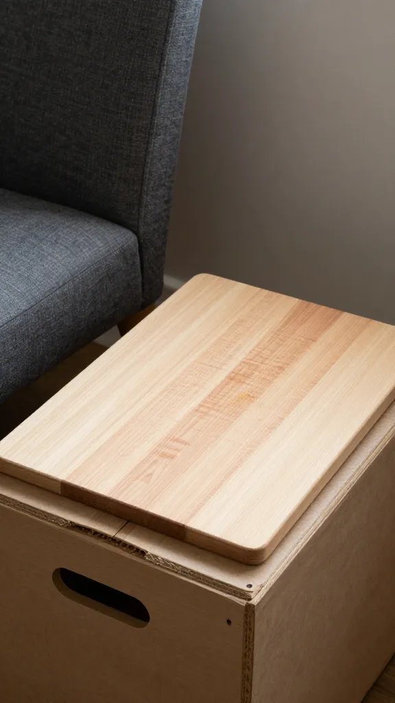 cutting-board tabletop on crate beside cushioned chair