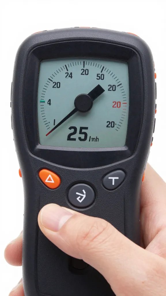 closeup of handheld anemometer reading 25 mph wind