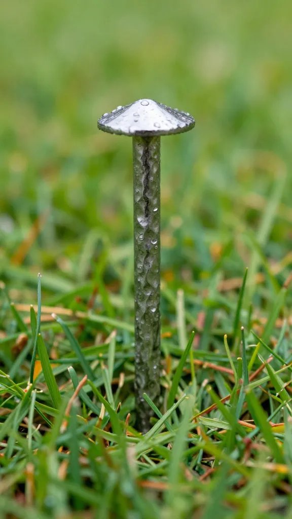 stainless tent stake hammered flush into wet lawn