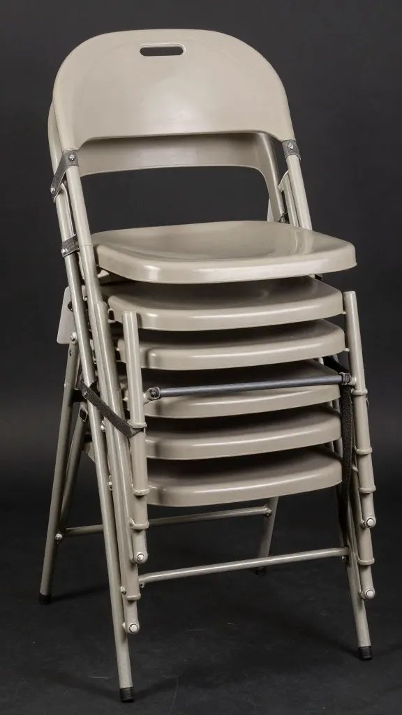 stack of folding resin chairs strapped with ratchet tie-down