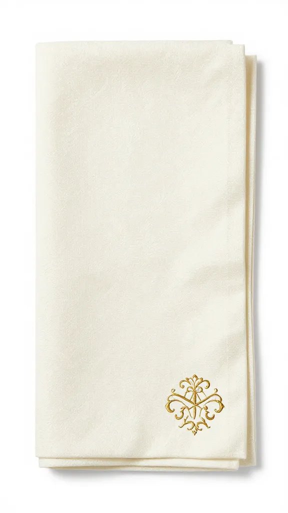 ivory damask napkin, monogrammed corner, soft bounce light