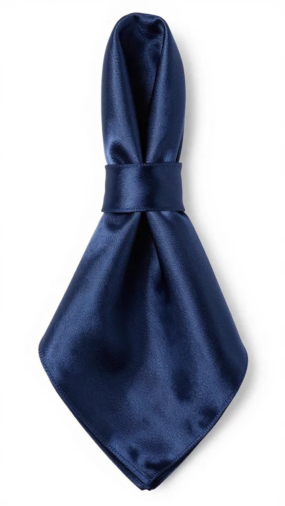 navy satin napkin knot, reflective sheen, studio lighting