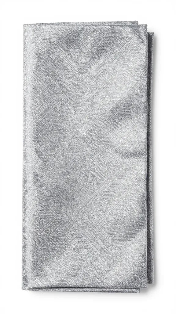 silver damask napkin fold, woven pattern catching light