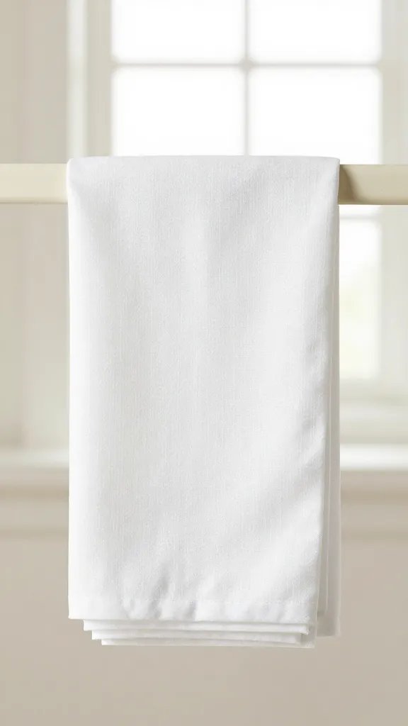 crisp white linen napkin, pressed hem, window light