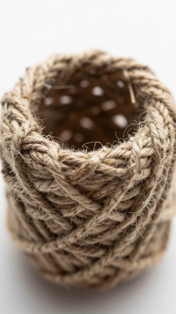 twine-wrapped ring core, tight closeup with texture detail