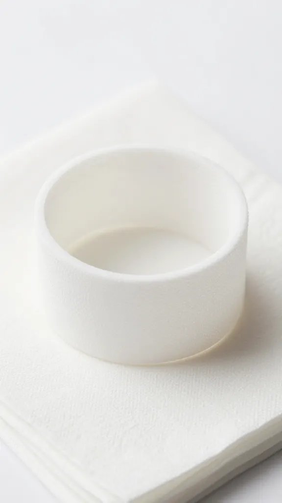 minimalist white napkin ring with subtle glue texture, closeup
