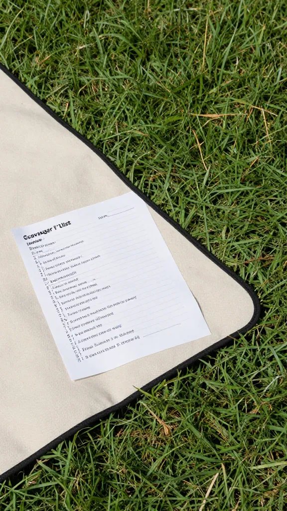 single picnic blanket corner on grass with scavenger list