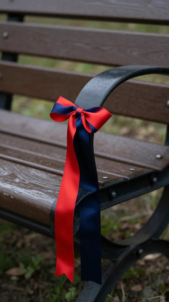 single park bench armrest with team color ribbon tied