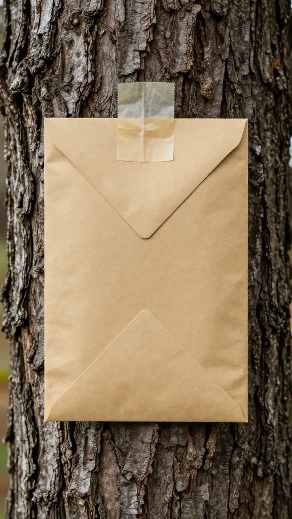closeup of a tree trunk with taped clue envelope