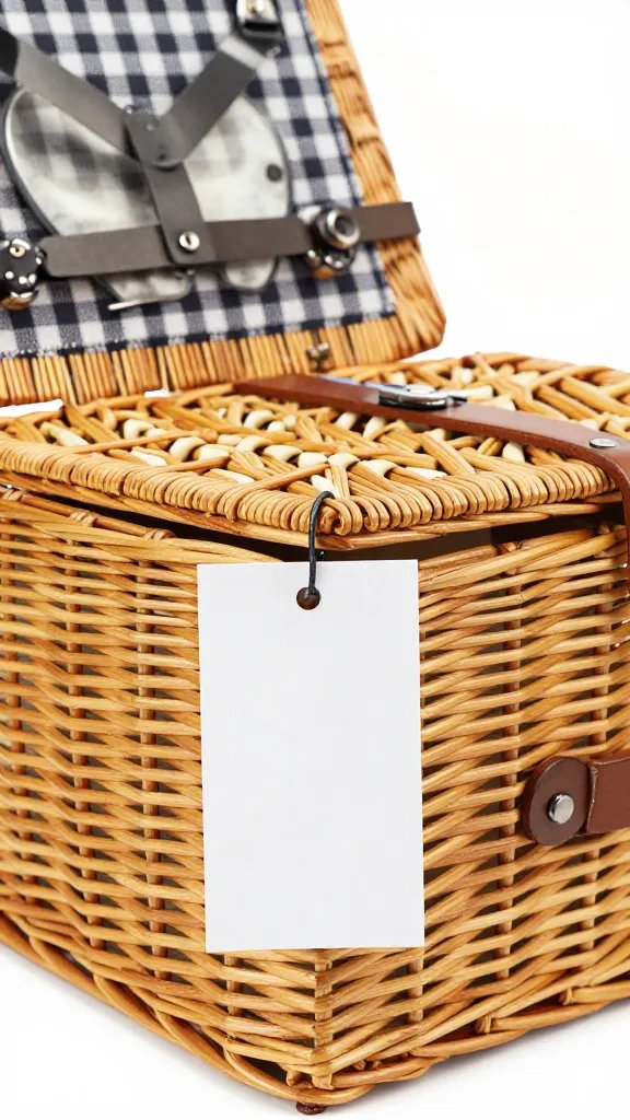 single picnic basket lid slightly open with clue tag