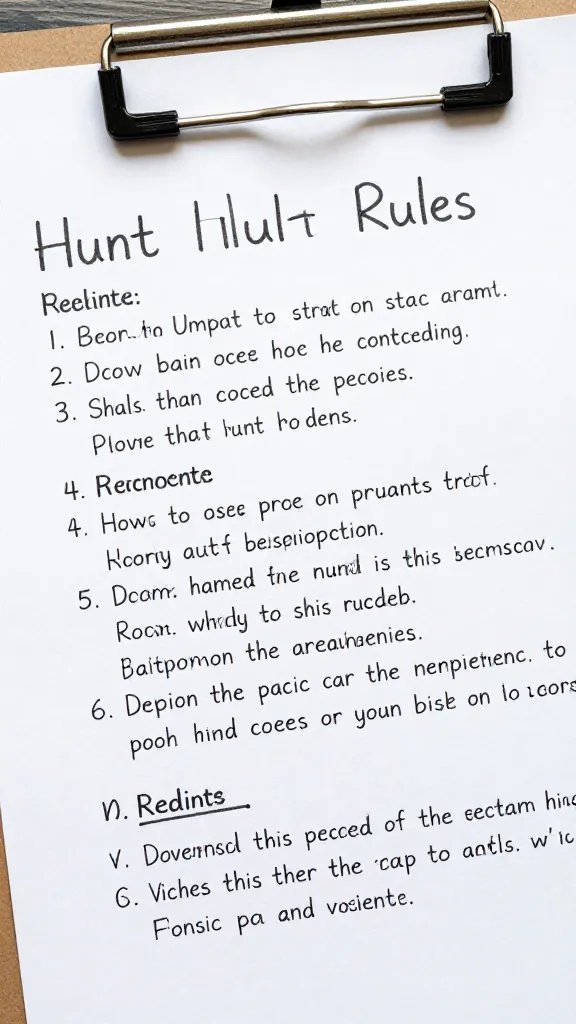 closeup of a clipboard with handwritten hunt rules