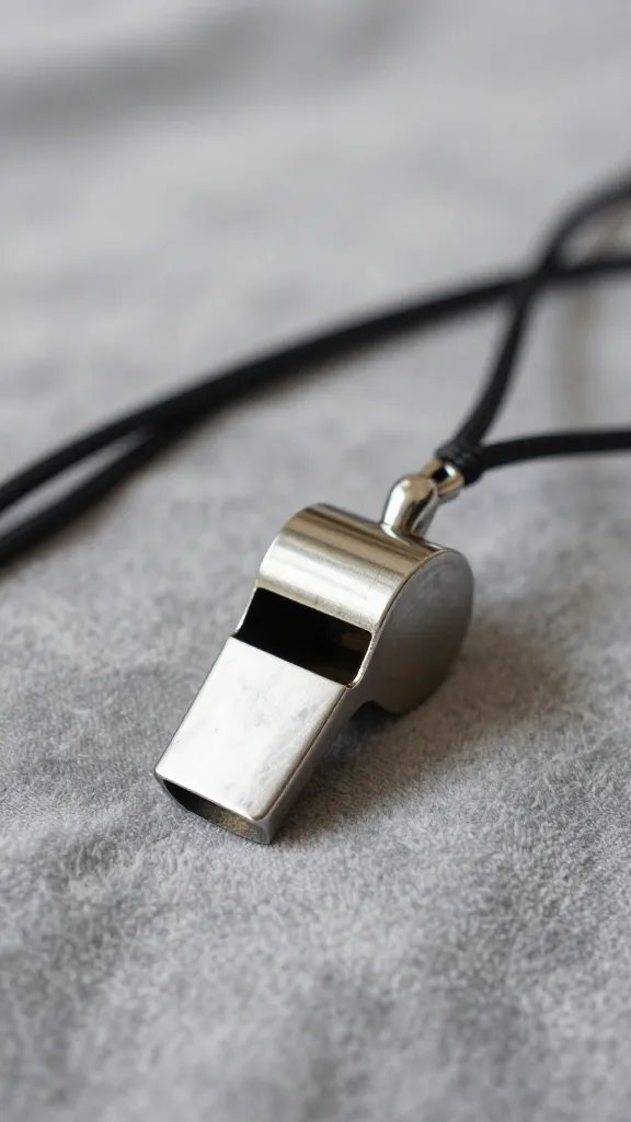 single stainless whistle on lanyard resting on blanket