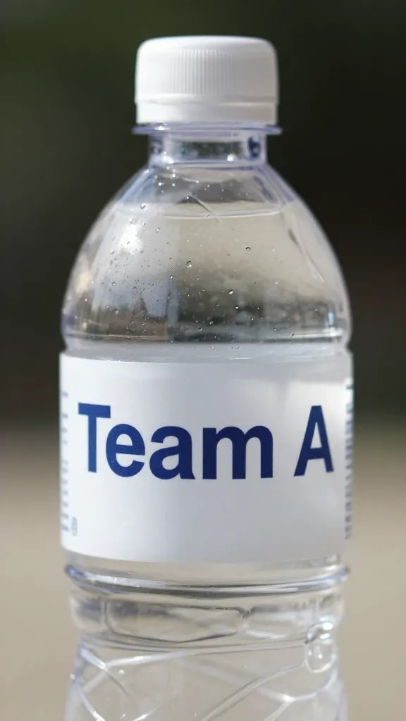 closeup of a water bottle labeled “Team A”