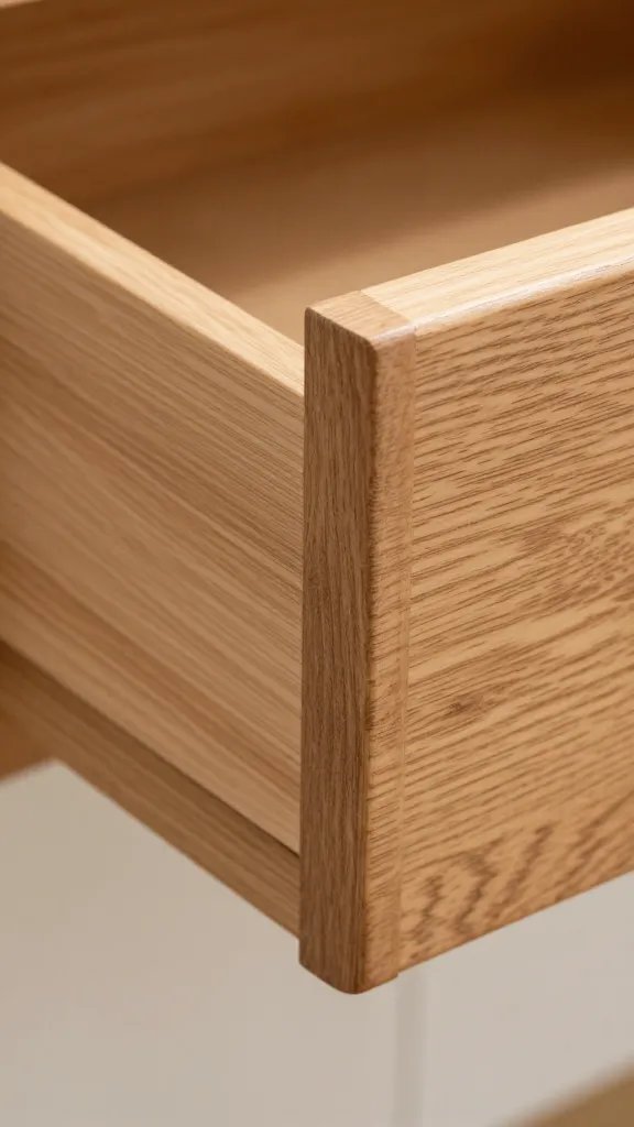 Closeup of dovetail drawer joint in solid oak