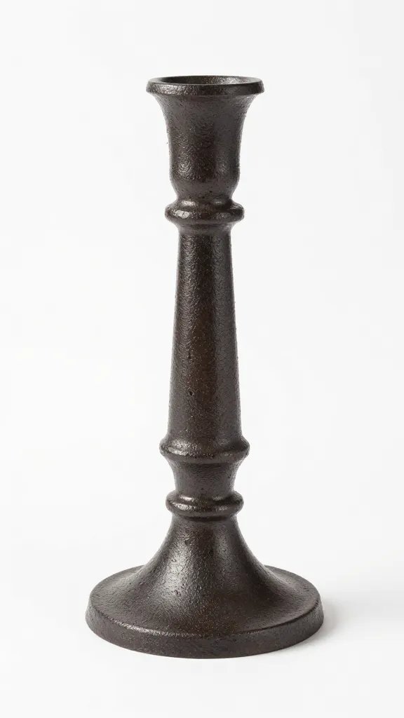 Heavy cast-iron candlestick on white backdrop