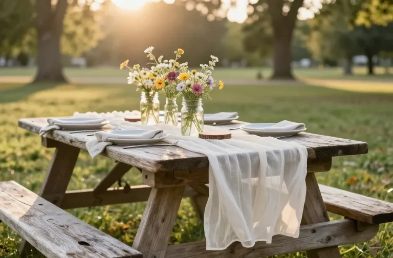 The Secret to How to Use "Chiffon Table Runners" to Layer a Rustic Picnic Table