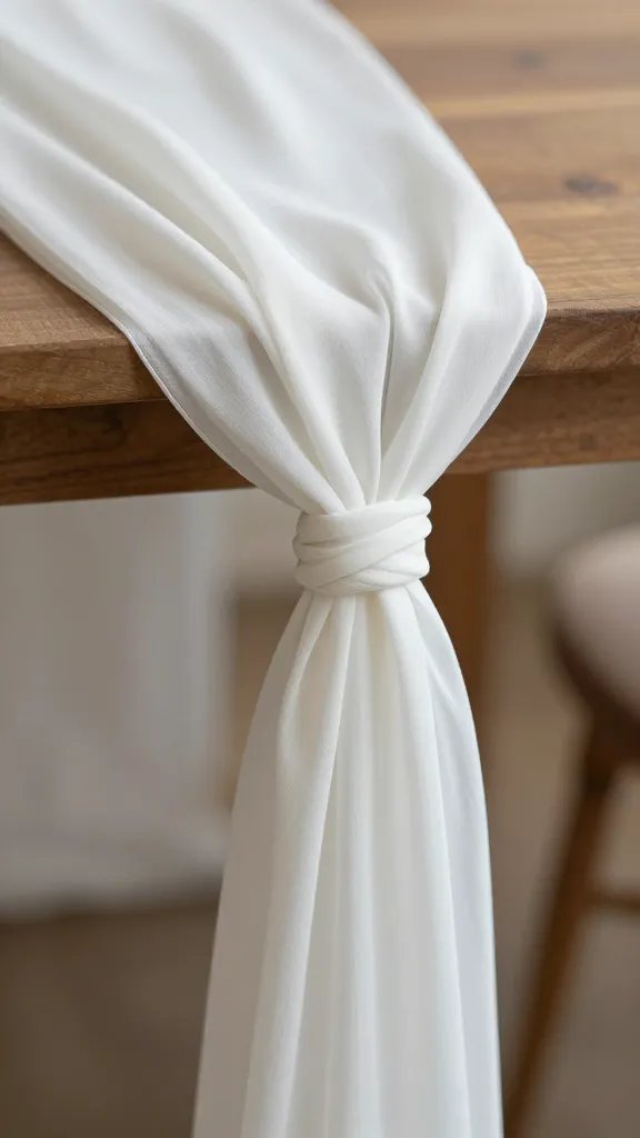 closeup knot securing chiffon runner under tabletop edge