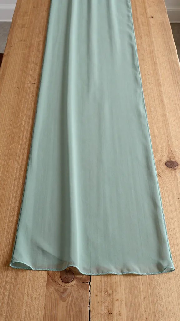 sheer sage chiffon runner over cracked cedar tabletop